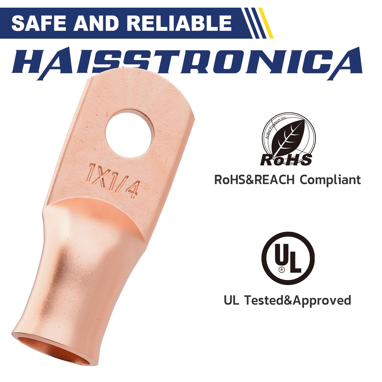 Haisstronica 1 AWG-1/4" M6 crimp terminals, 43.6mm length, 3:1 dual-wall tubing for secure electrical joints.