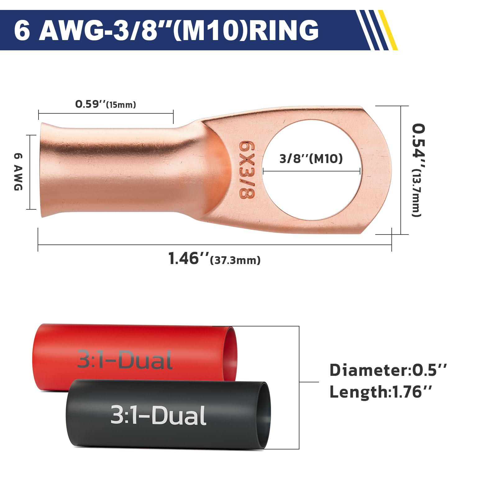 Haisstronica 6 AWG-3/8" Copper Crimp Sleeves – M10 Ring Terminals, 20PCS with Heat Shrink Tubing (RoHS Compliant).