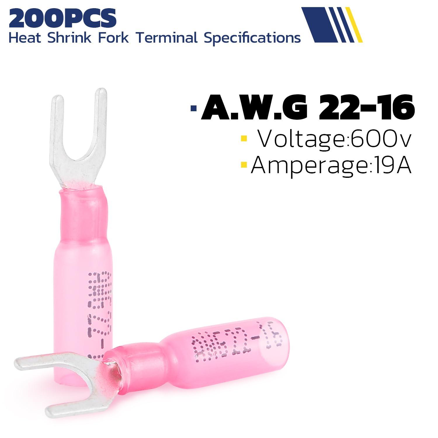 Haisstronica electrical connectors with heat shrink, 200PCS AWG 22-16 fork terminals, 600V/19A.