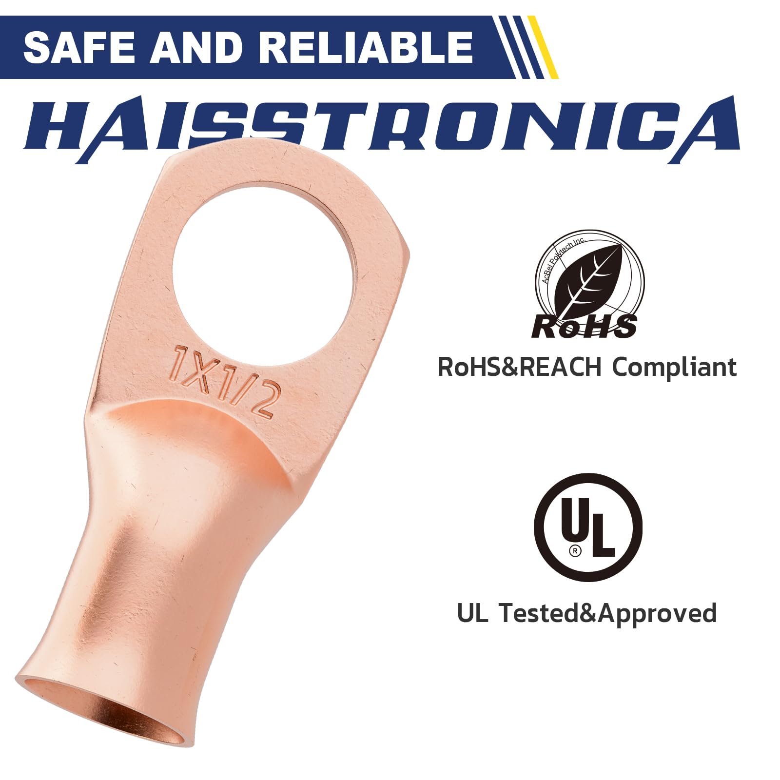Haisstronica 1 AWG-1/2" M12 battery cable ends, 10PCS with 3:1 dual-wall heat shrink tubing, ROHS/REACH/UL-approved.