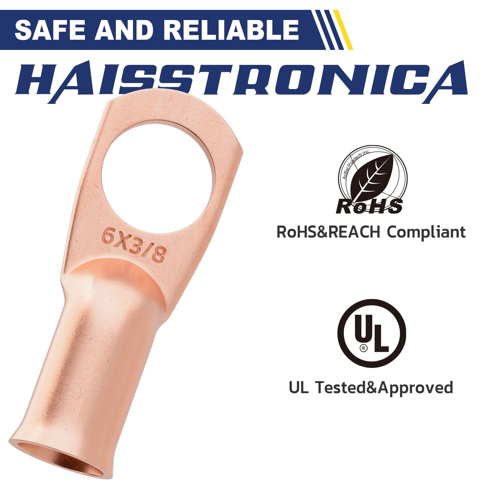 Haisstronica Electrical Copper Connectors – 6 AWG-3/8" M10 Lugs, 20PCS Kit, RoHS/UL Certified.