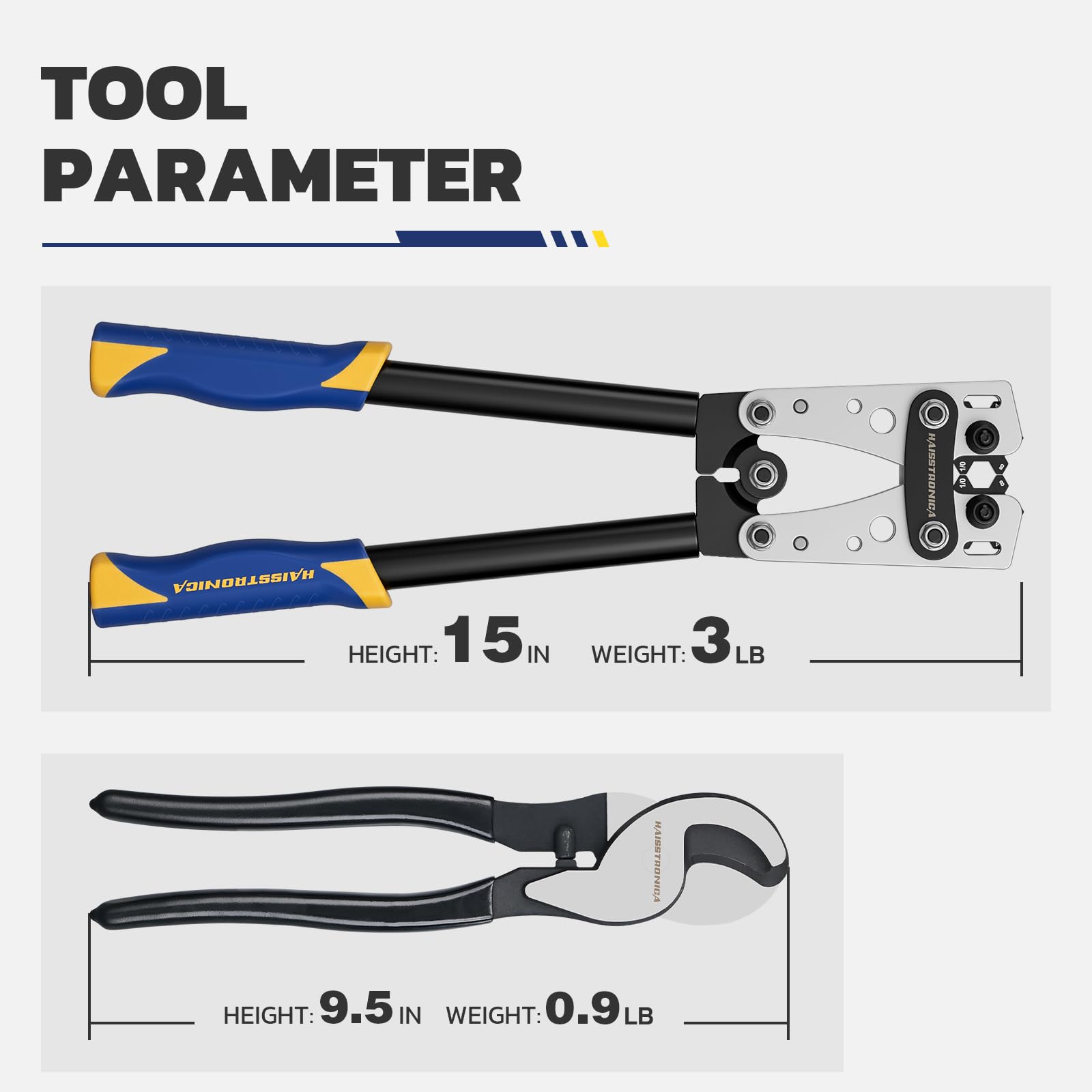 Haisstronica battery lug crimper with dual-height design and lightweight options for portable battery terminal crimping.