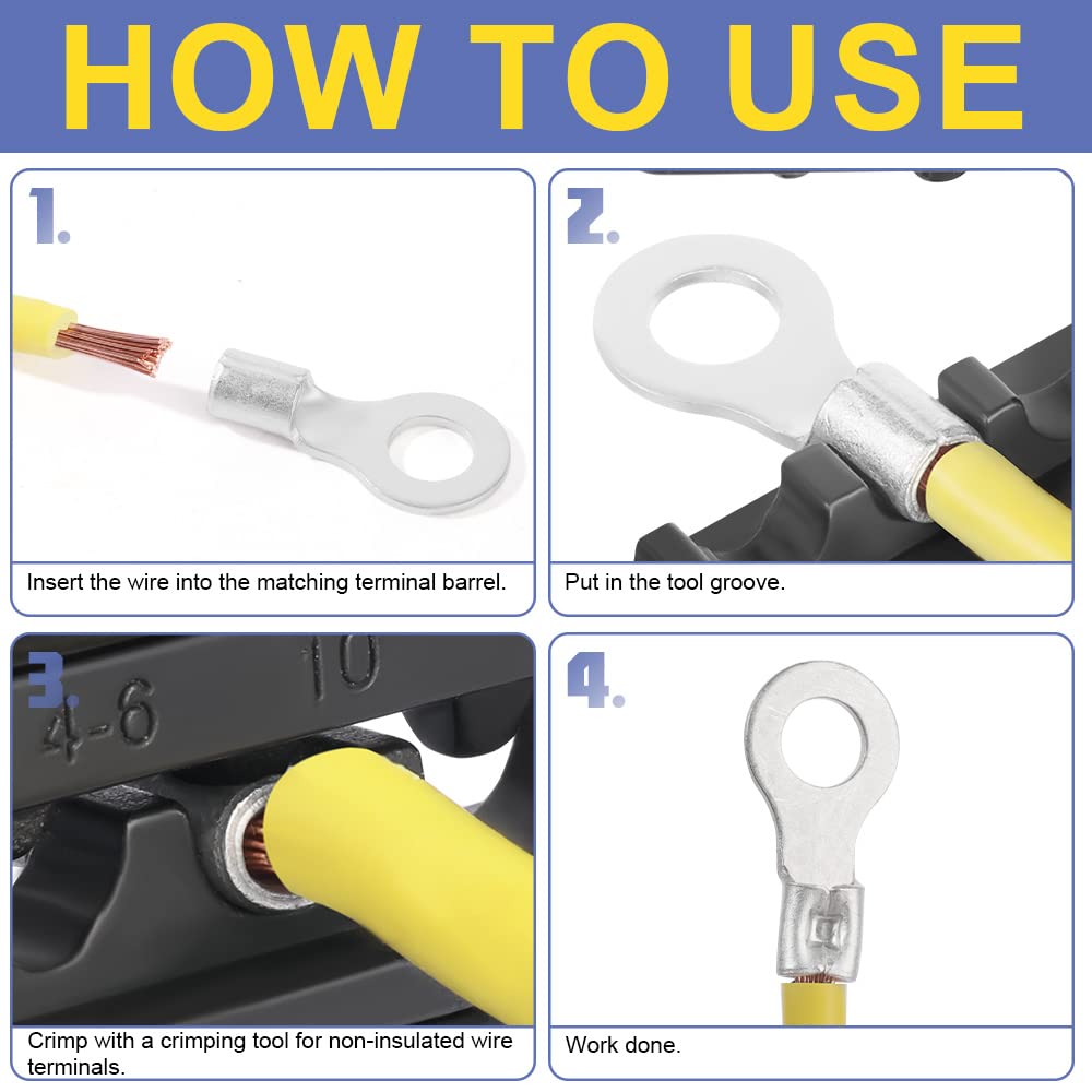 Haisstronica non-insulated butt splice connectors: 4-step crimping process using a tool for non-insulated terminals.