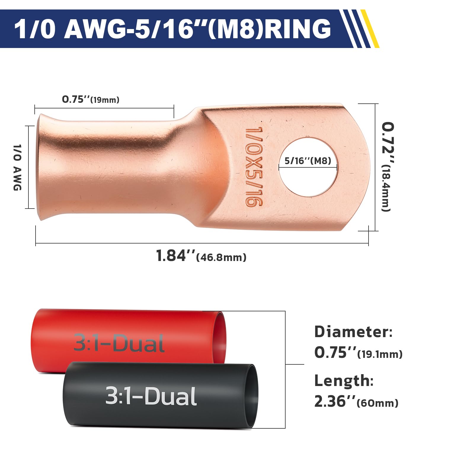 Haisstronica 1/0 AWG-5/16" battery cable terminal ends: M8 ring, 19mm diameter, dual-wall heat shrink tubing for secure battery lead connector setups.