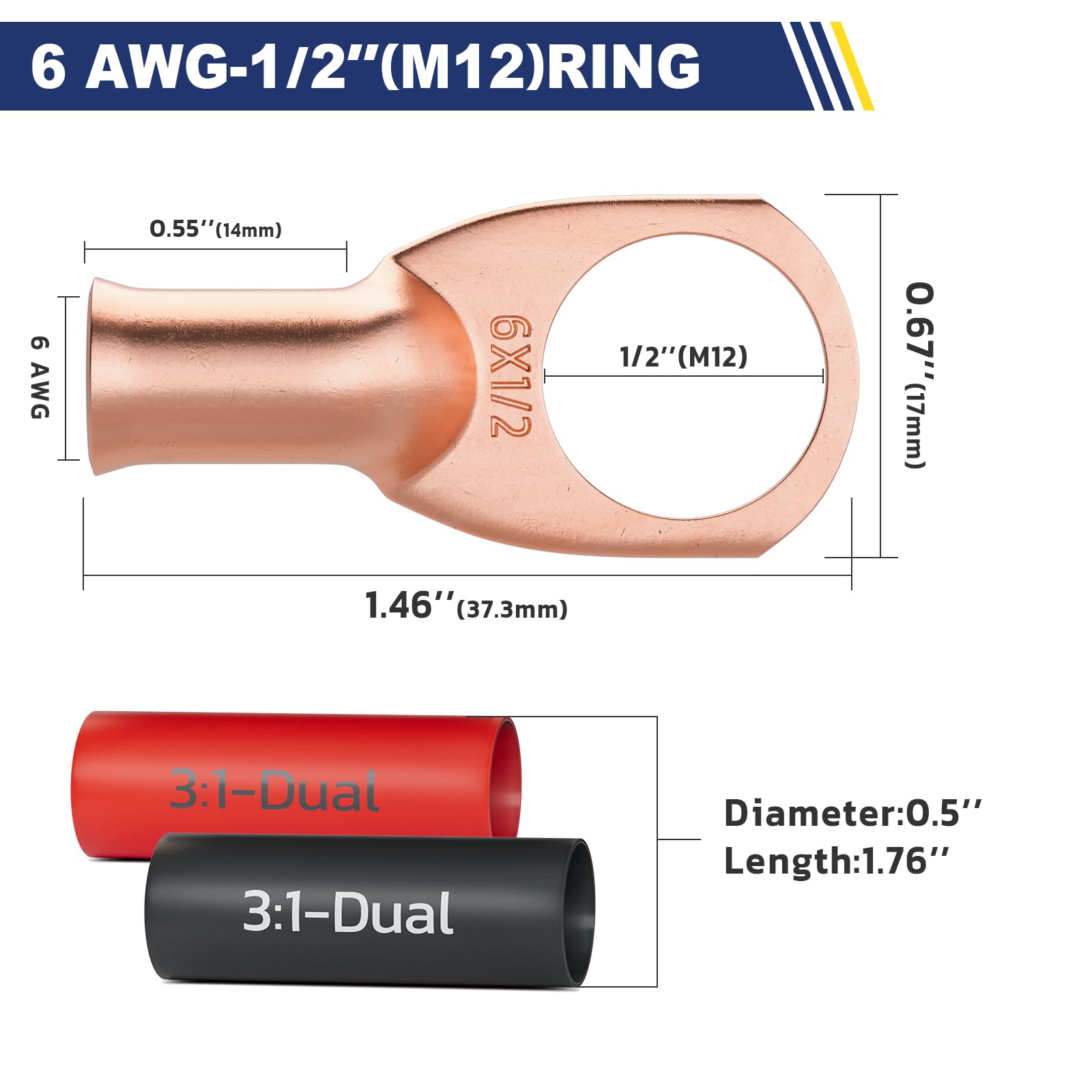 Haisstronica 6 AWG-1/2" Copper Cable Connectors – M12 Ring Terminals, 20PCS Kit with 3:1 Heat Shrink Tubing.
