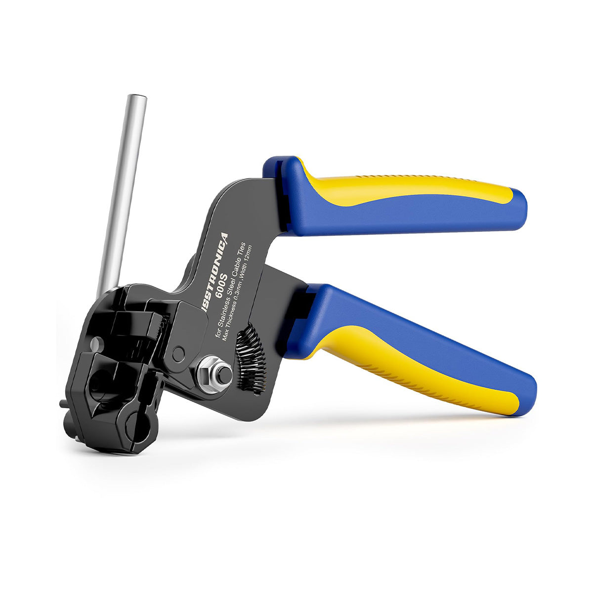 haisstronica ziptie gun for stainless steel ties, ergonomic blue-yellow handle, smooth tensioning and flush cutting.