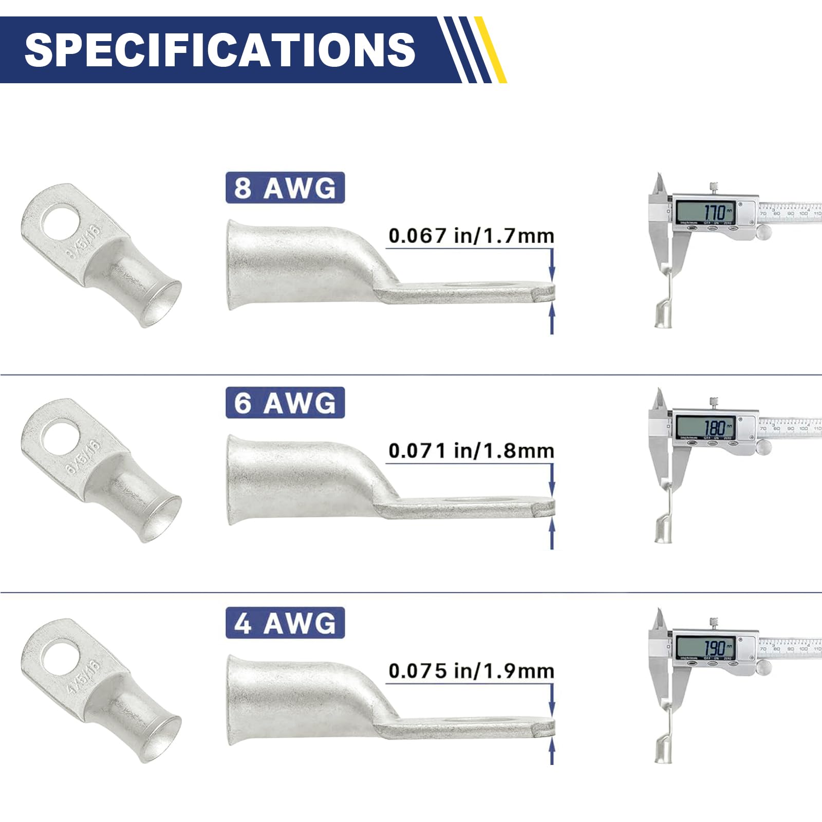 Detailed dimensions of tinned copper ring lugs with caliper readings, sizing guide for battery cable ends across 8, 6, 4 AWG.