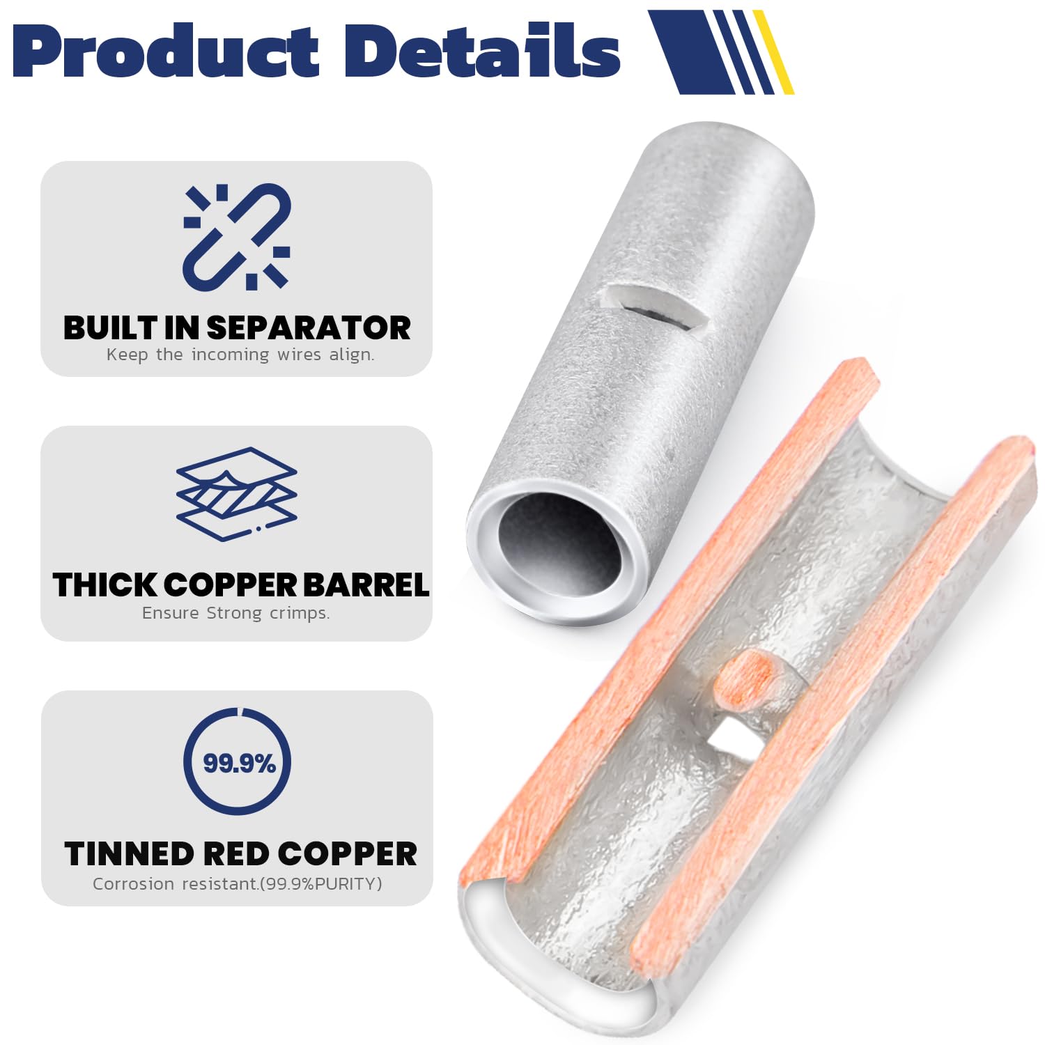 Haisstronica non-insulated butt splice connectors with built-in separator, thick copper barrel, and 99.9% tinned red copper.