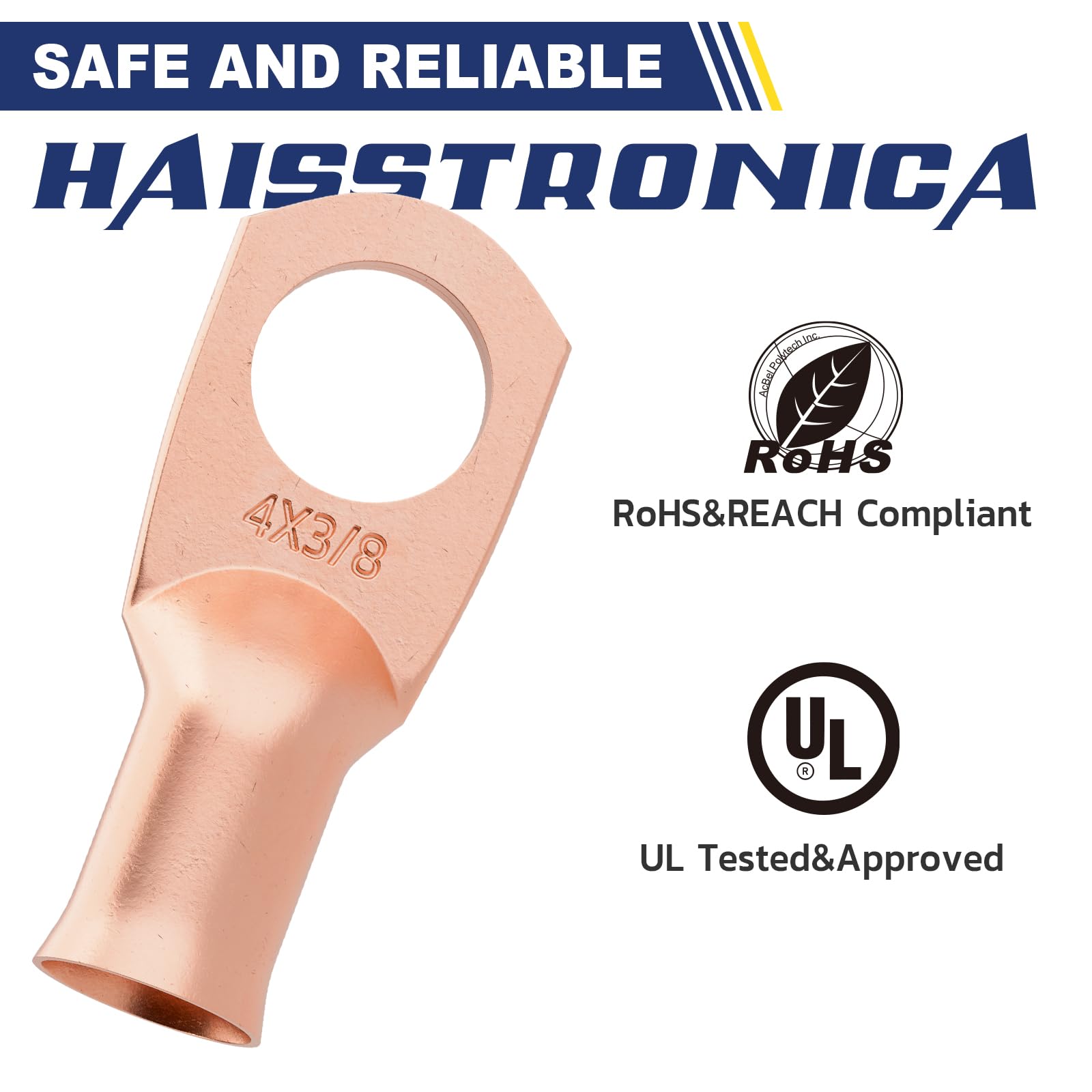 Haisstronica 4AWG-3/8" Copper Crimp Connectors – M10 Ring Lugs, 3:1 Dual Shrink Tubing, 20PCS Kit (RoHS/UL Certified).