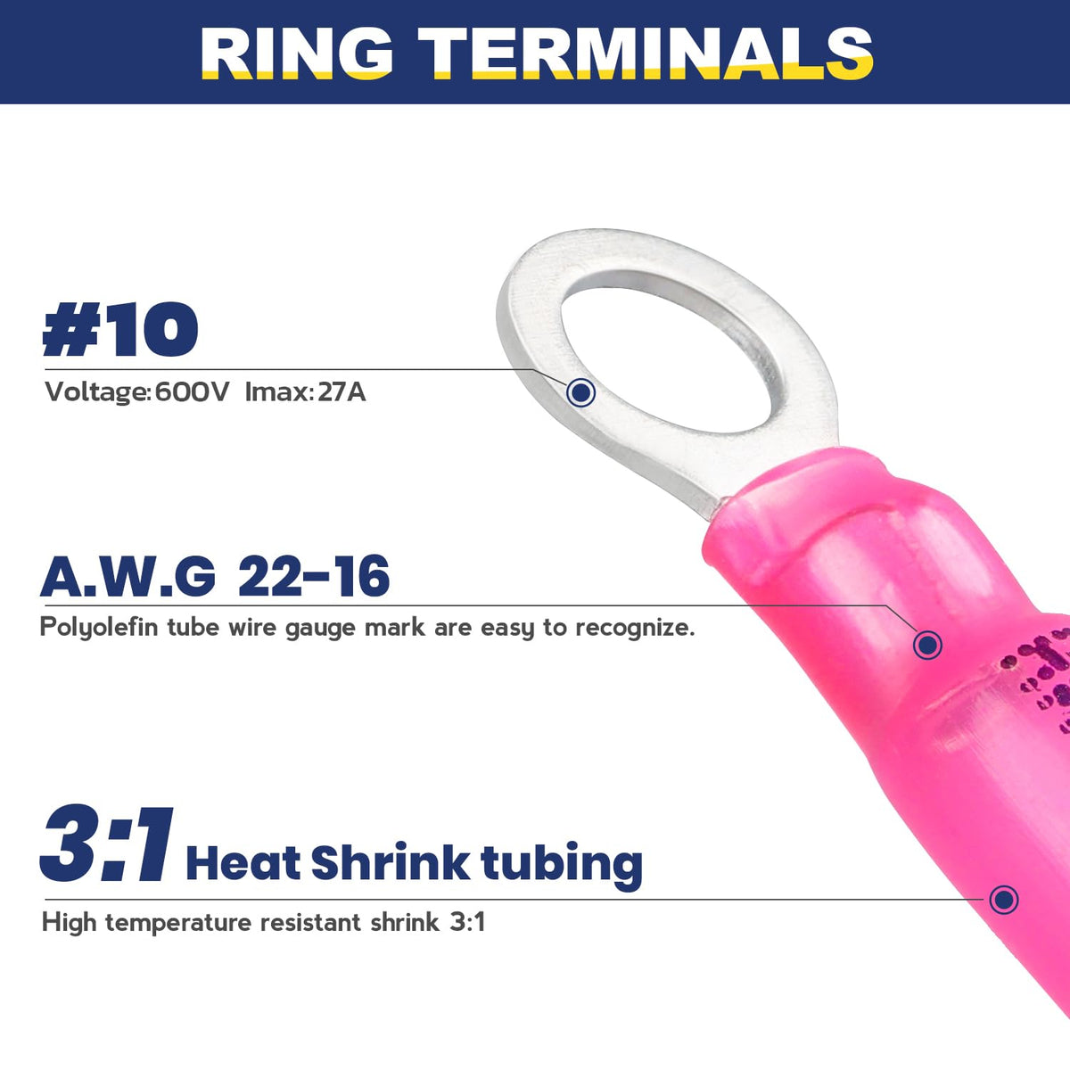 Haisstronica heat shrink ring terminals (#10) for 22-16AWG wires, 600V/27A, 3:1 shrink tubing for secure connections.