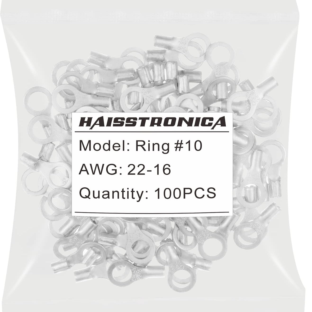 Haisstronica uninsulated butt connectors, Ring 10 terminals compatible with AWG22-16 cables, 100PCS durable crimp set.