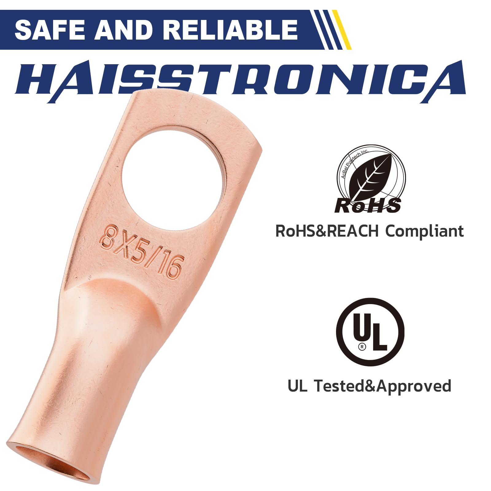 Haisstronica 8 AWG-5/16" Copper Wire Connectors – M8 Ring Terminals, 3:1 Dual Shrink Tubing, 20PCS Kit (RoHS/UL Certified).