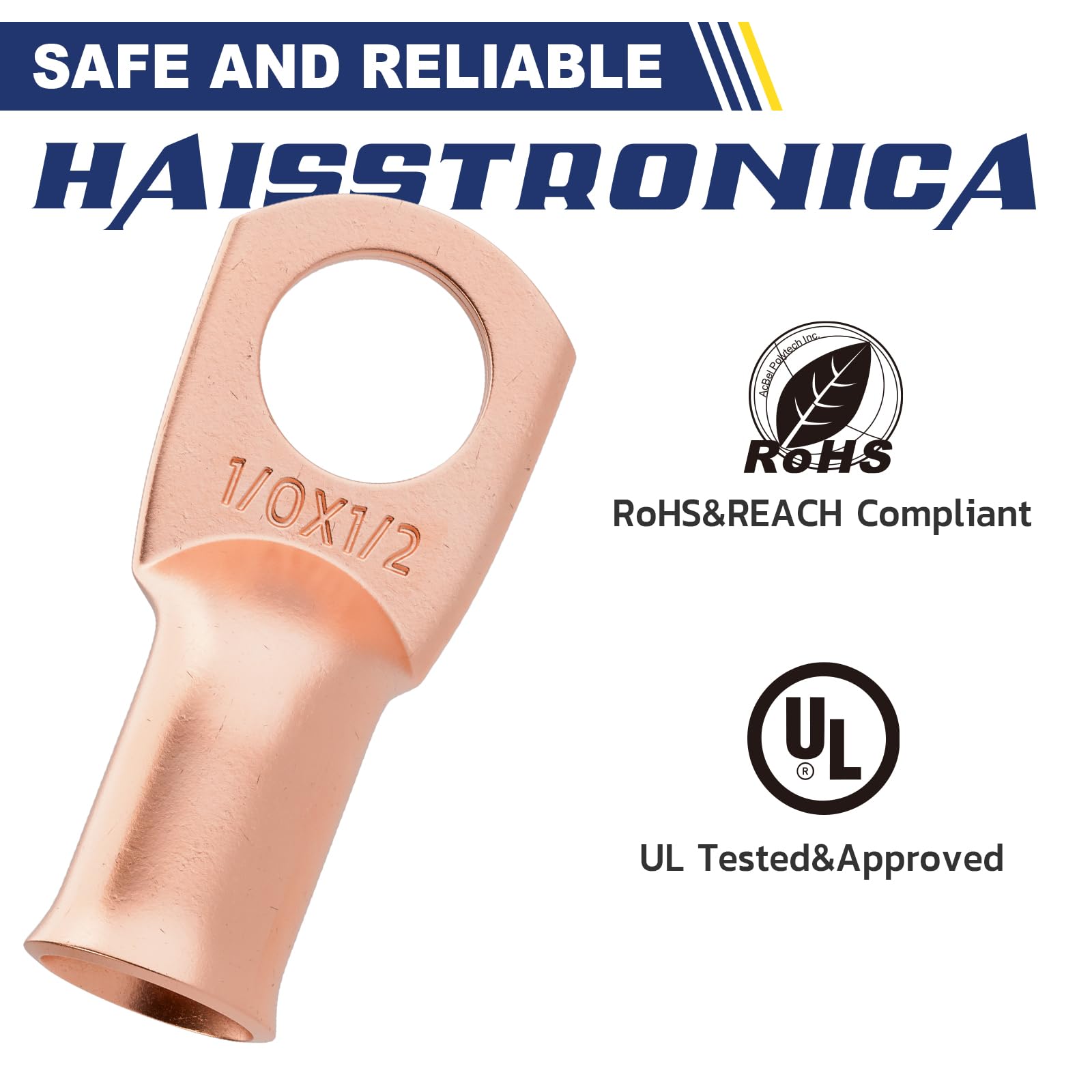 UL-approved Haisstronica 1/0X1/2 battery cable terminal ends: RoHS-compliant, corrosion-resistant copper lugs for secure battery cable quick connect systems.