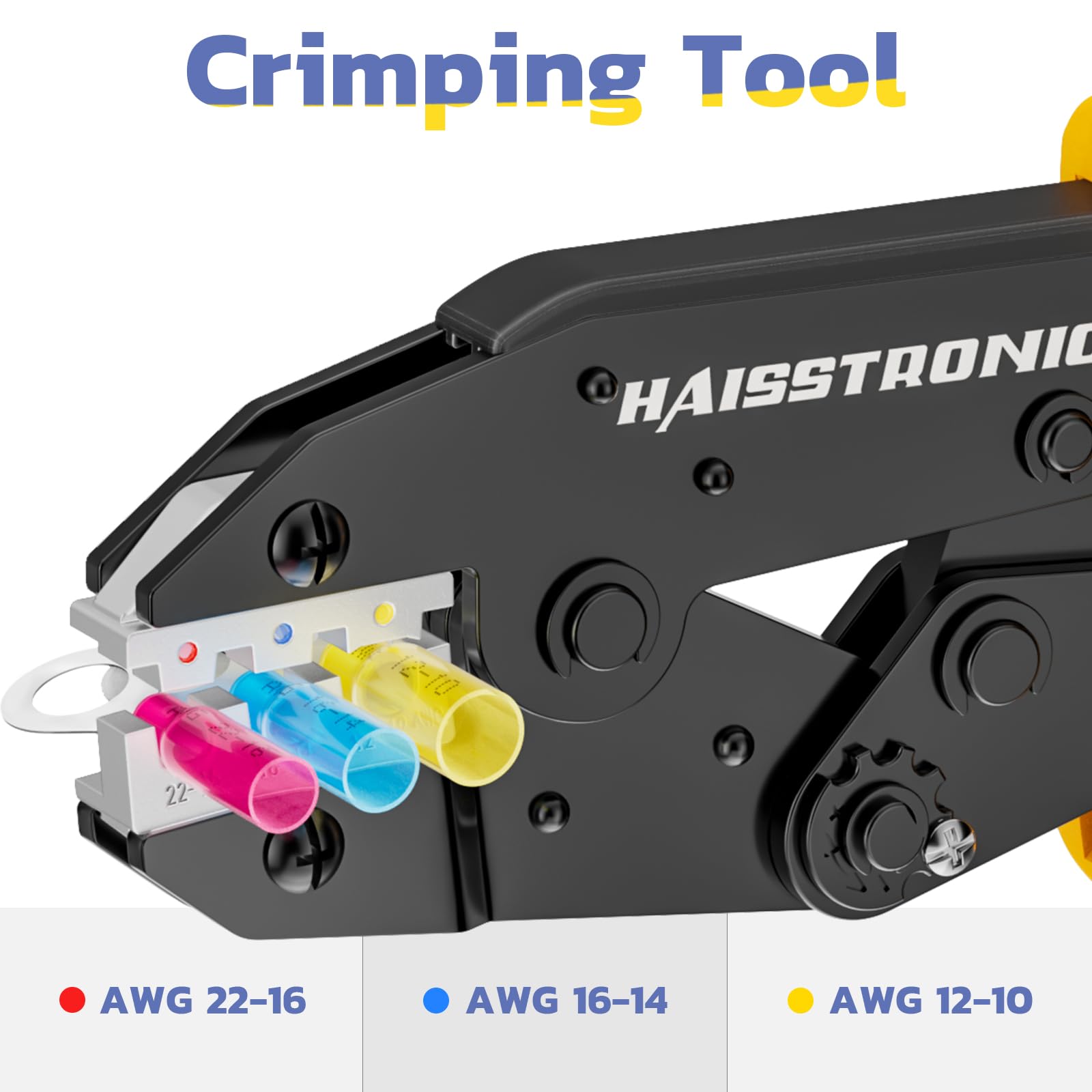 Haisstronica Crimping Tool close-up with Textured handle, metallic head. 'WIRE END CRIMP' label.
