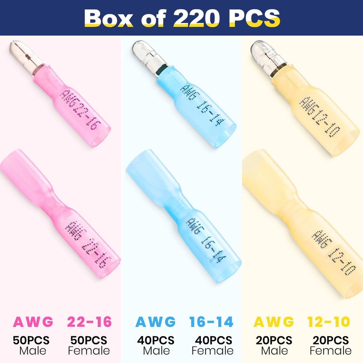 220 piece heat shrink bullet wire connector set, 22-16/16-14/12-10 AWG; male/female terminals for dependable