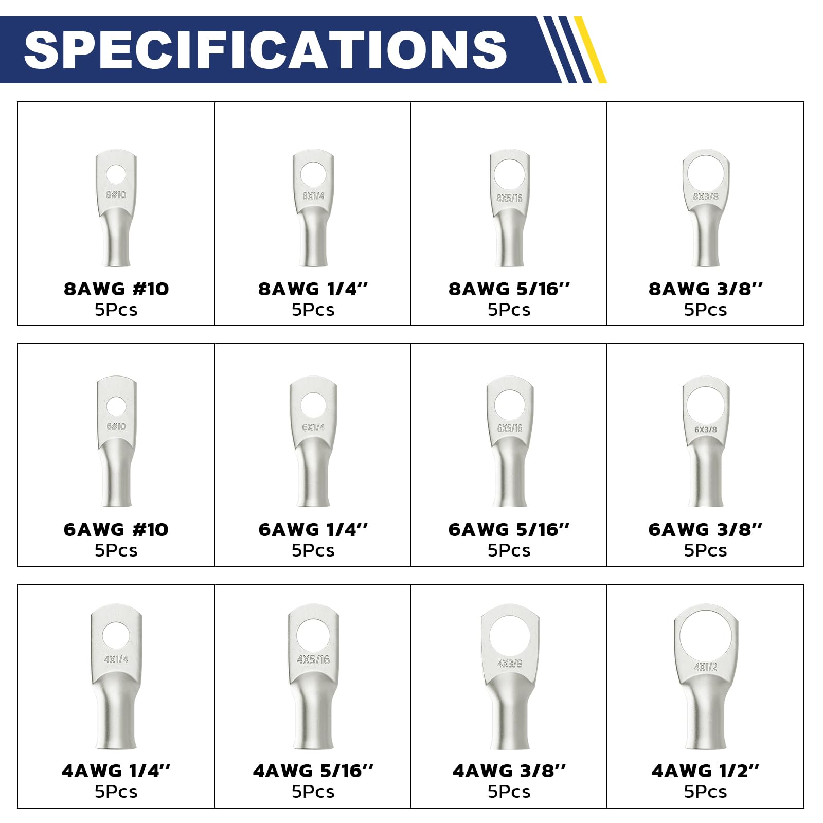 Chart of heavy-duty copper cable lugs by stud size and gauge, guide for battery terminal crimper users choosing correct lug.