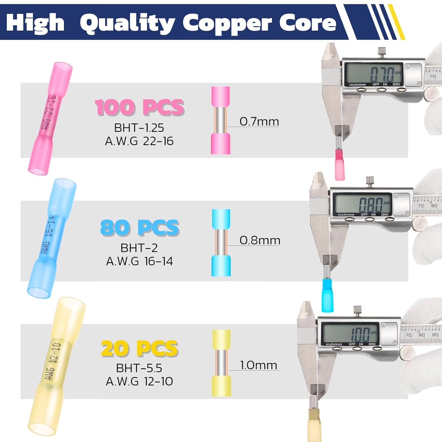 HAISSTRONICA wire connectors butt, pink/blue/yellow, AWG 22-16 to 12-10, 0.7-1.0mm core.