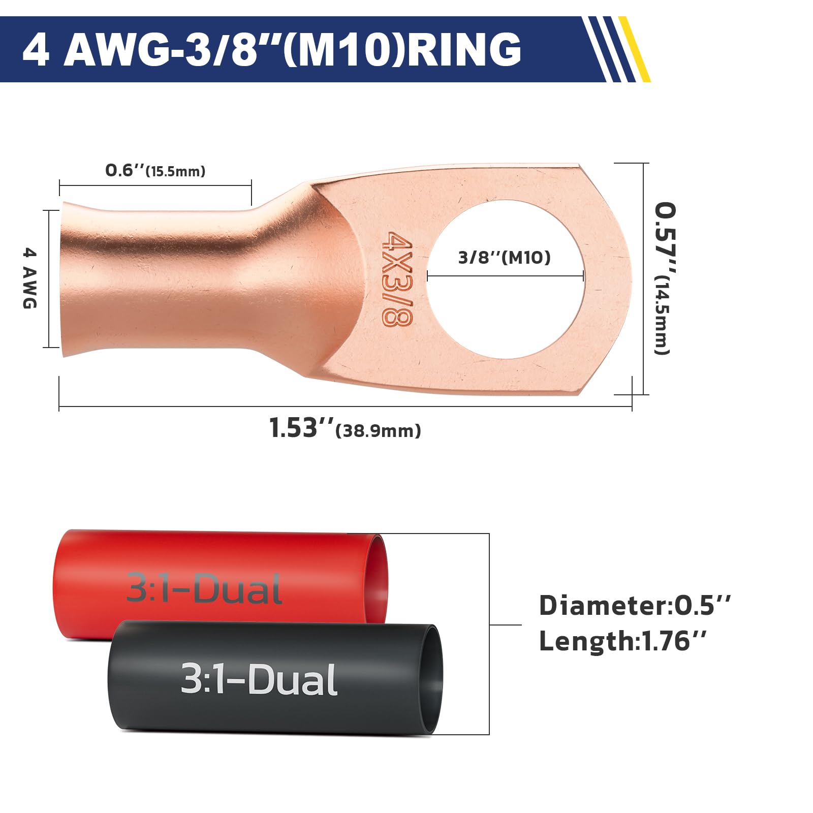 Haisstronica 4AWG-3/8" Copper Crimp Sleeves – M10 Ring Terminals, 3:1-Dual Shrink Tubing, 20PCS.