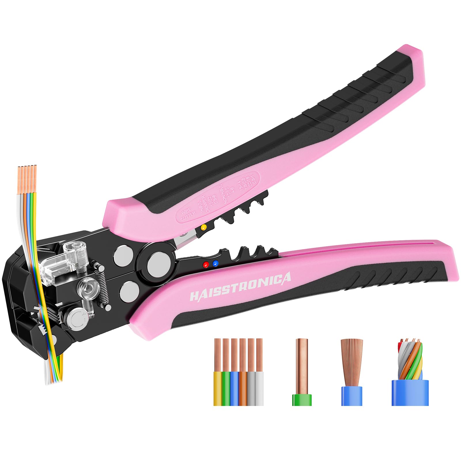 The best wire stripping tool, shown with various wires.