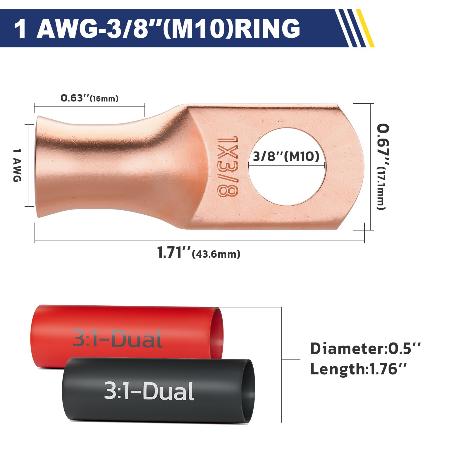 Haisstronica 1 AWG-3/8" M10 heavy-duty battery terminals, 20PCS, 3:1 heat shrink tubing for multi-connection setups.