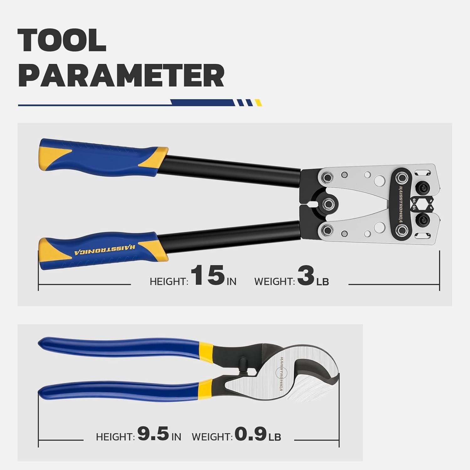 Haisstronica battery cable crimper with dual height options (15" and 9.5") and lightweight design (3lb/0.9lb) for portable battery lug crimping.