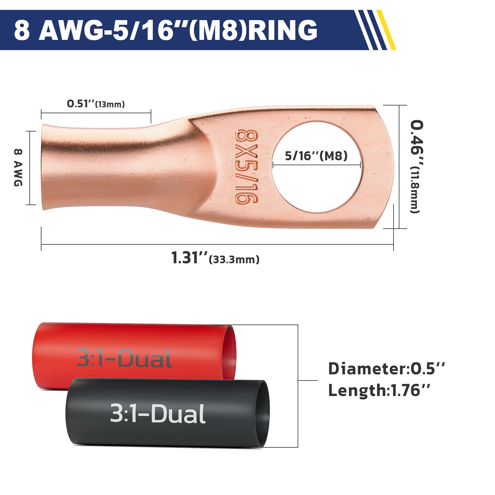Haisstronica 8 AWG-5/16" Copper Crimp Sleeves – M8 Ring Terminals, 20PCS with 3:1 Dual Tubing.