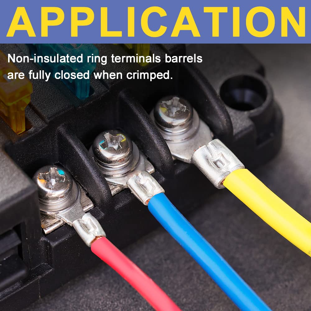 Haisstronica non-insulated splice application: fully closed ring terminals after crimping for reliable electrical joints.