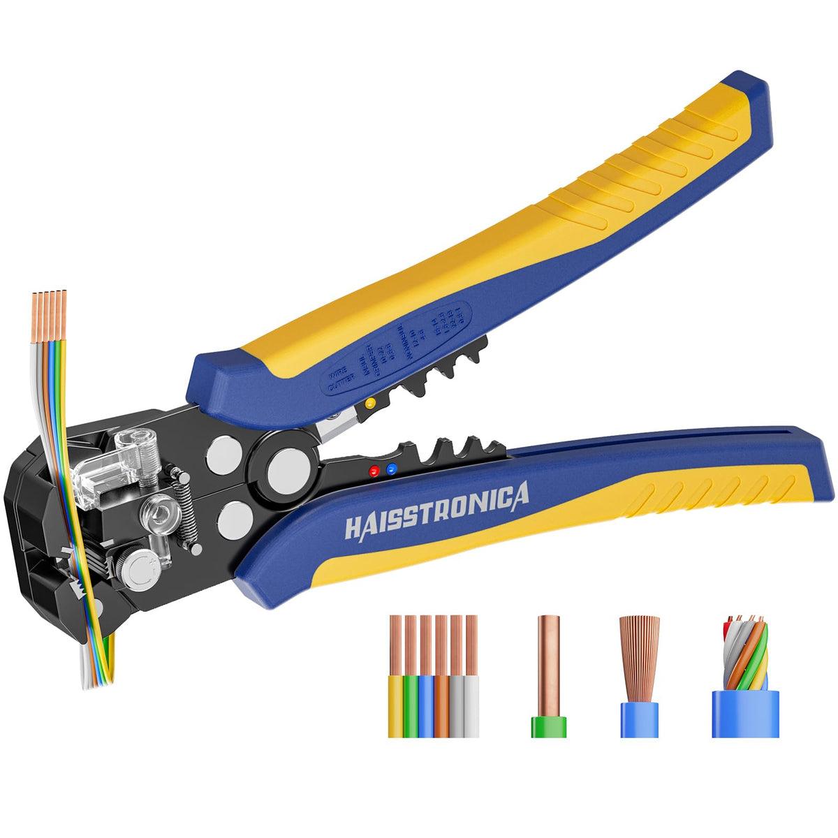 Electric HAISSTRONICA stripper, auto-crimp, multi-cable, blue handles.