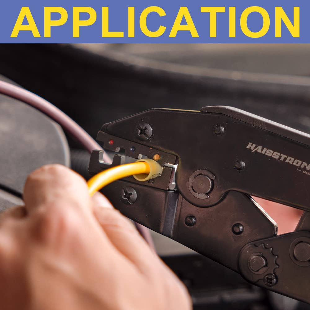 Haisstronica heat shrink butt connector in use, crimping yellow wire with black tool, waterproof seal.