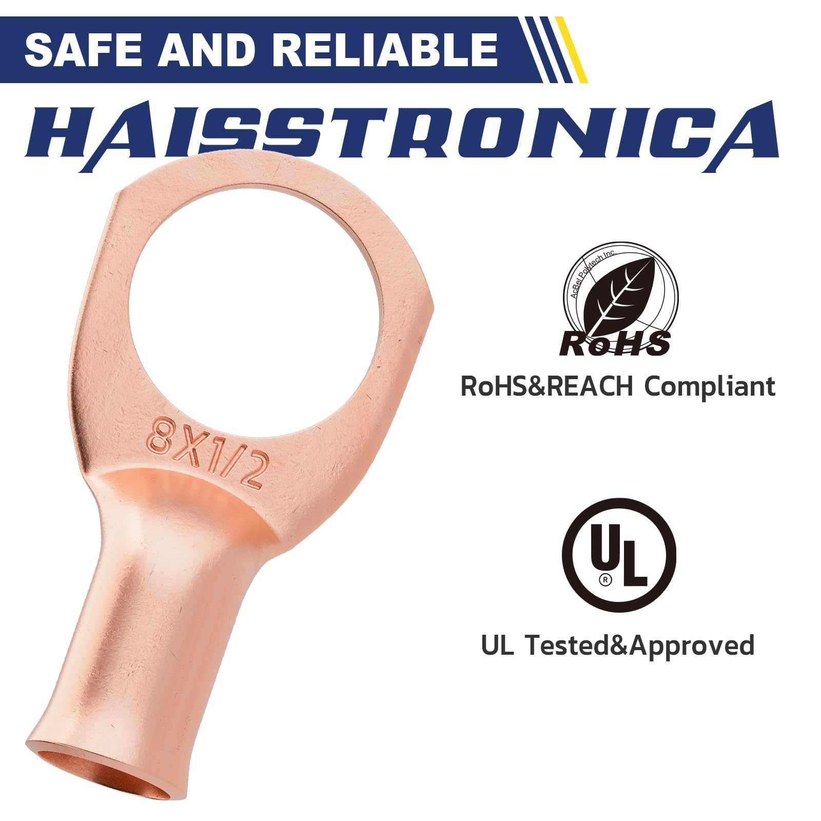 Haisstronica 8 AWG-1/2" Copper Wire Connectors – M12 Ring Lugs, 3:1 Dual Shrink Tubing, 20PCS Kit (RoHS/UL Certified).