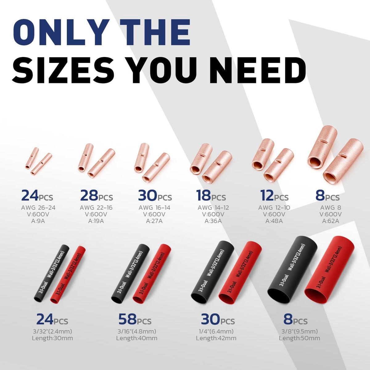 Kit layout showing insulated and non insulated copper butt splices with red and black heat shrink for cable repairs