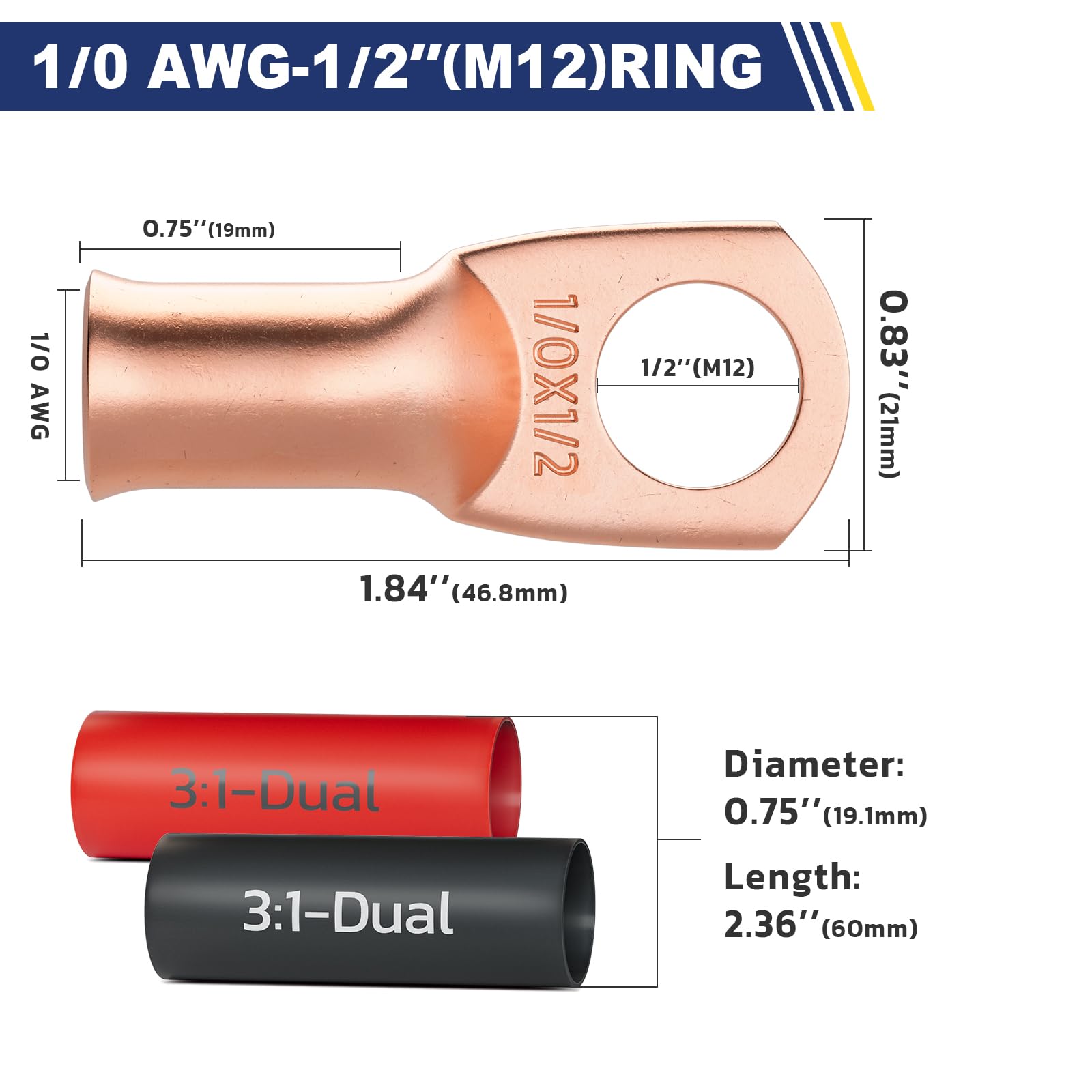 Haisstronica 1/0 AWG-1/2" crimp-on battery terminals with 3:1 tubing, 21mm diameter, M12 compatibility, designed for battery terminal with multiple connections.