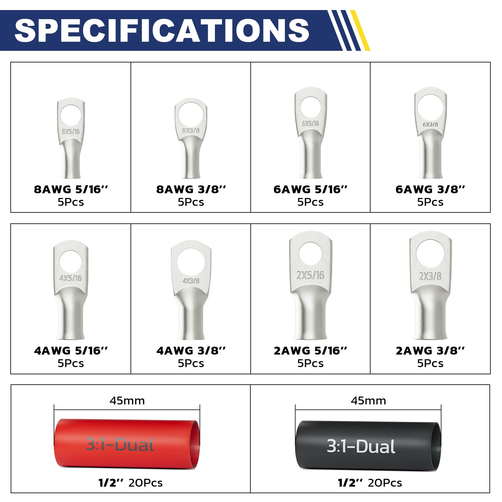 Specification chart showing multiple copper cable lugs and heat-shrink sizes for battery terminal connections in vehicles.