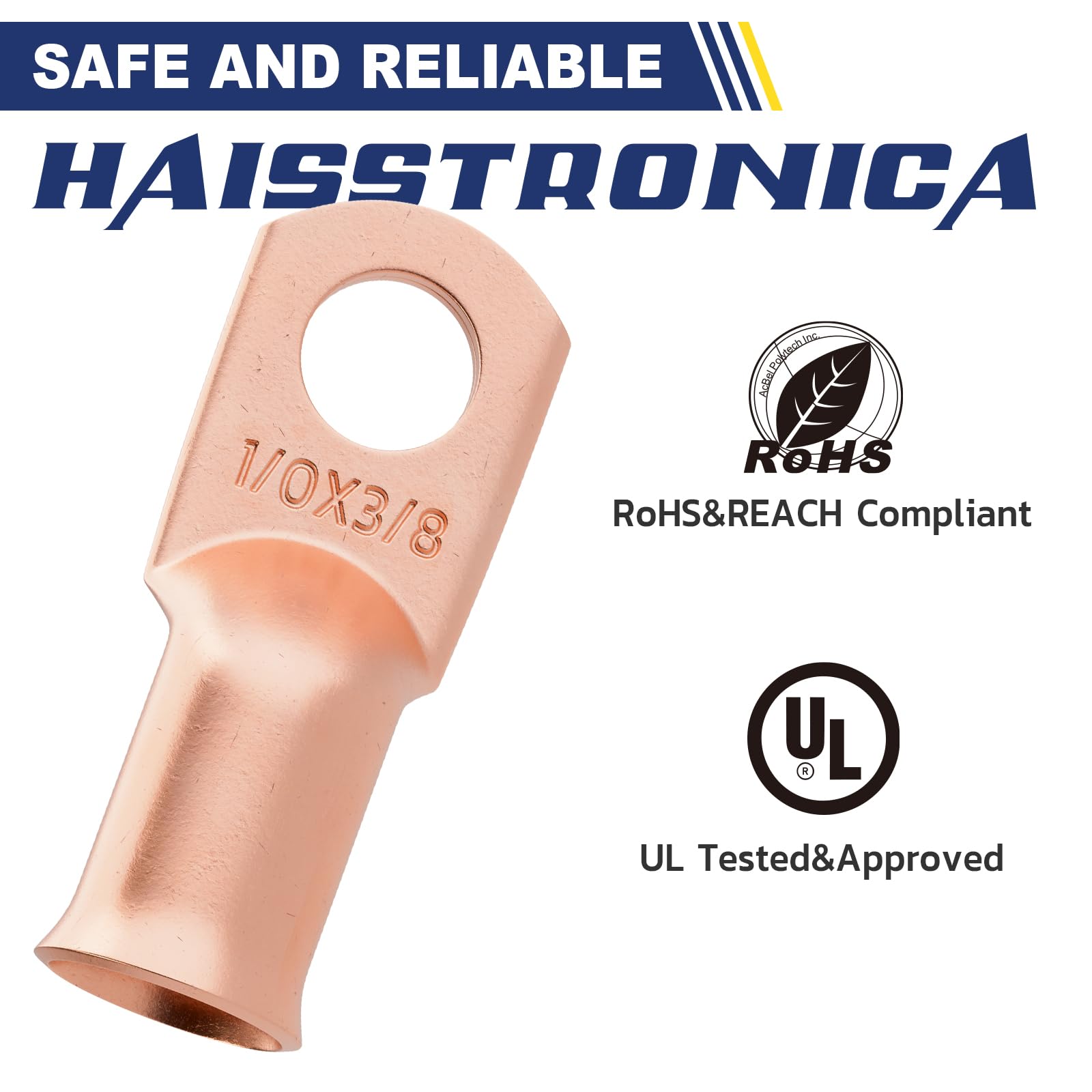 RoHS-certified Haisstronica battery wire connectors: UL-tested, 1/0X3/8 crimp terminals for safe and reliable side post battery terminal multiple connections.