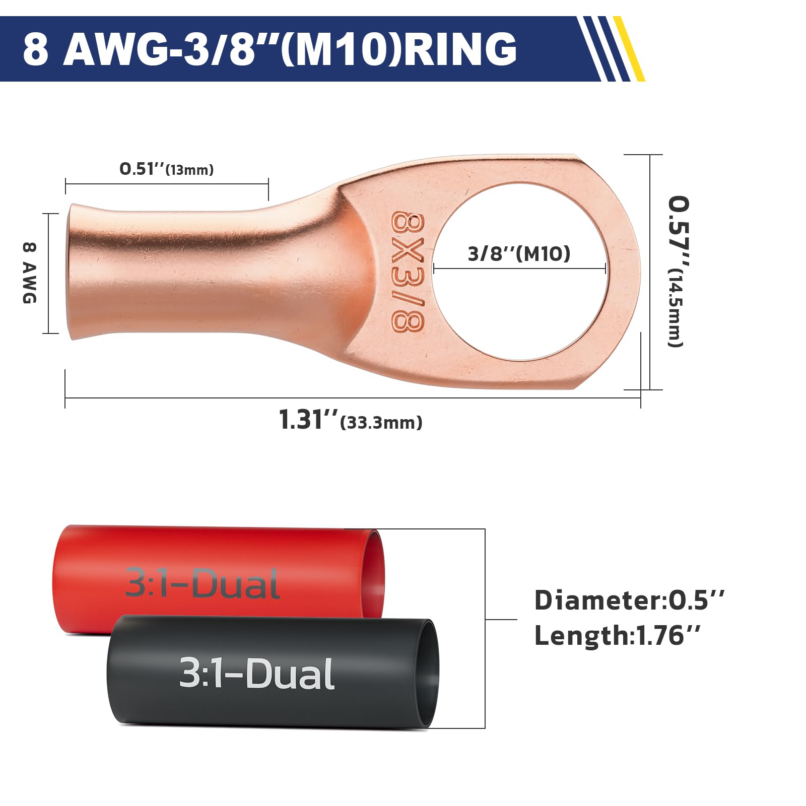 Haisstronica 8 AWG-3/8" Battery Terminal Wire Connectors – M10 Copper Lugs, 20PCS Kit.