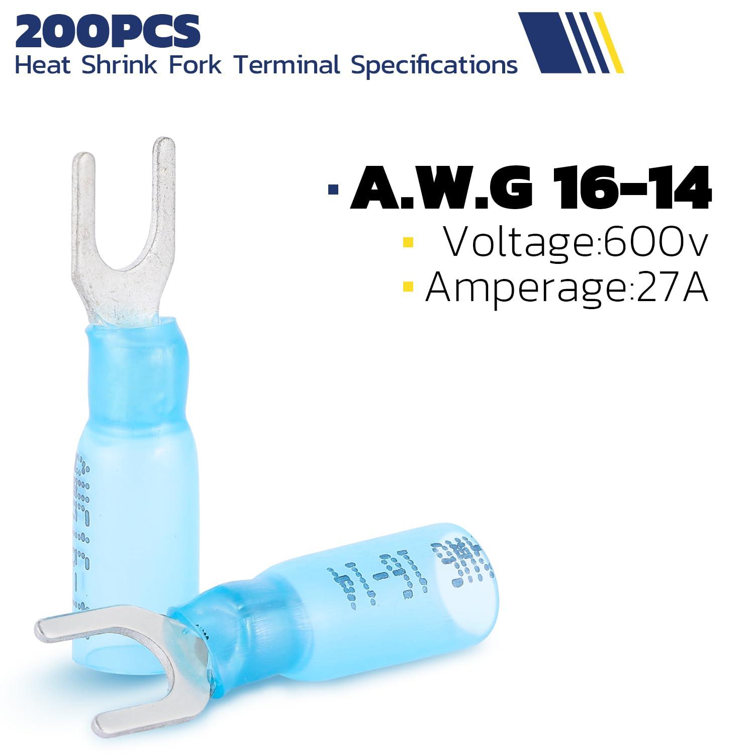 Haisstronica heat shrink crimp connectors, 200PCS fork terminals for AWG 16-14 wires, 600V/27A rating.
