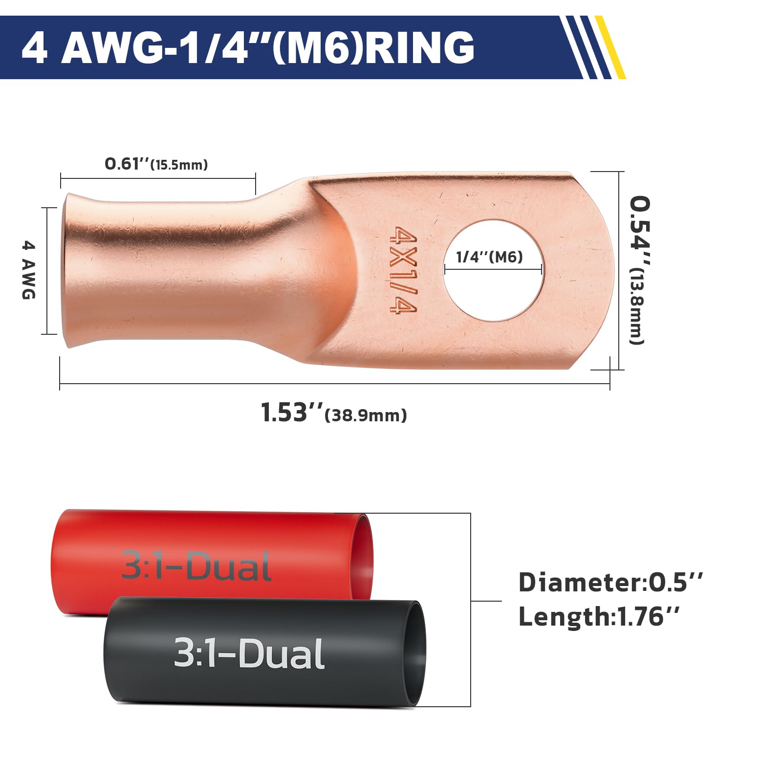 20PCS Haisstronica 4AWG Copper Battery Cable Ends – 1/4" M6 Ring Terminals with 3:1 Heat Shrink Tubing.