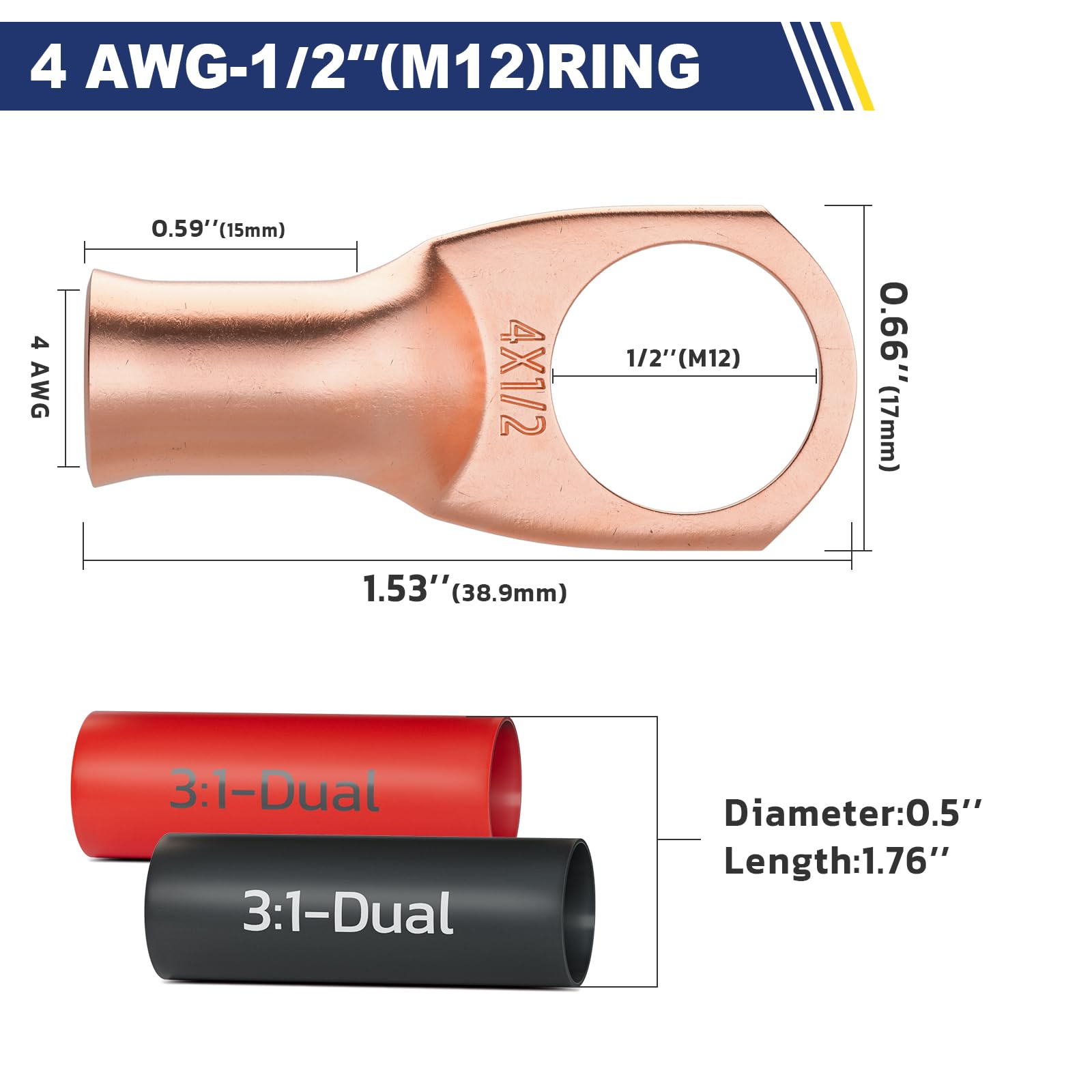 Haisstronica 4 AWG Battery Cable Terminal Ends – 1/2" M12 Copper Lugs, 3:1 Heat Shrink Tubing (20PCS).
