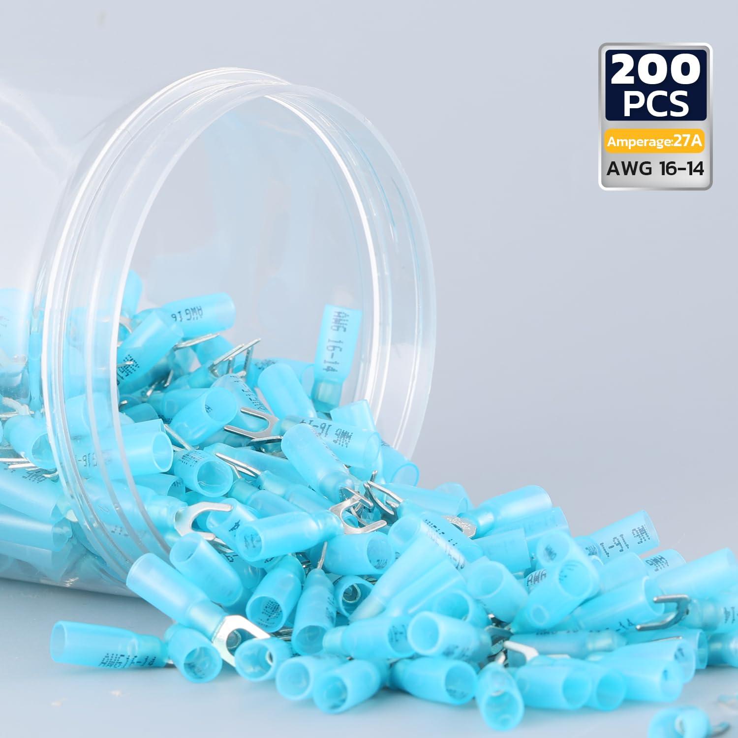 Haisstronica heat shrink crimp connectors, 200PCS for AWG 16-14 cables, 27A amperage capacity.