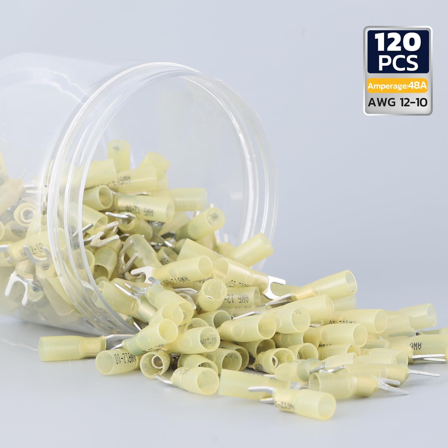 Haisstronica heat shrink crimp terminals, 120PCS for AWG 12-10 wires, 48A amperage and high-temperature resistant.