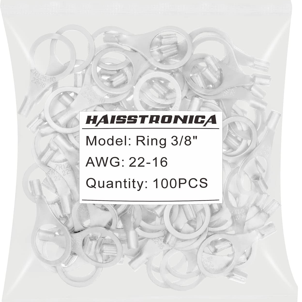 Haisstronica uninsulated butt splice, Ring 3/8’’ terminals (AWG22-16), 100PCS heavy-duty copper electrical connectors.