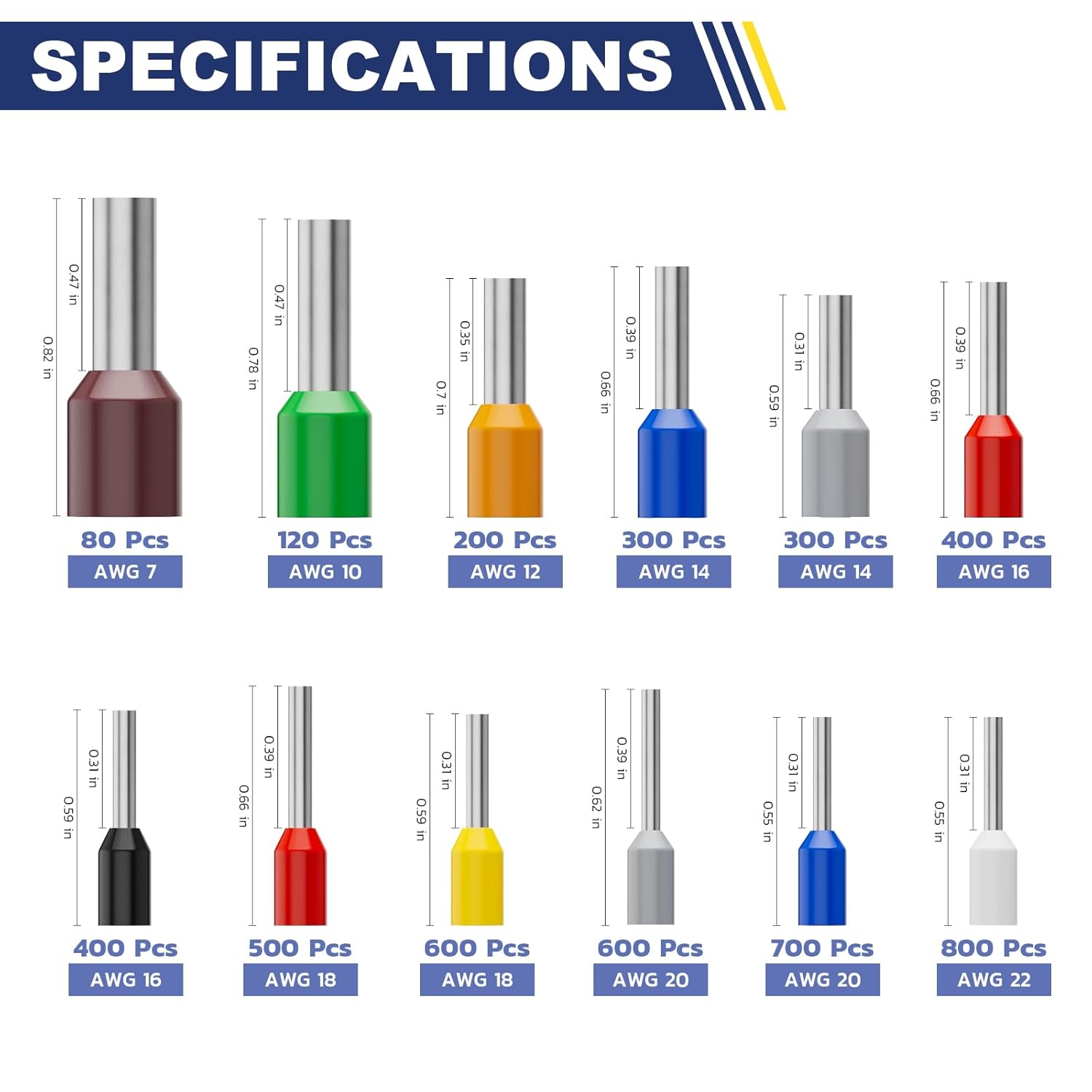 Haisstronica wire end ferrules, dimensions 12x3x2.13 in, compatible with AWG 7-22, ensuring durable cable management.