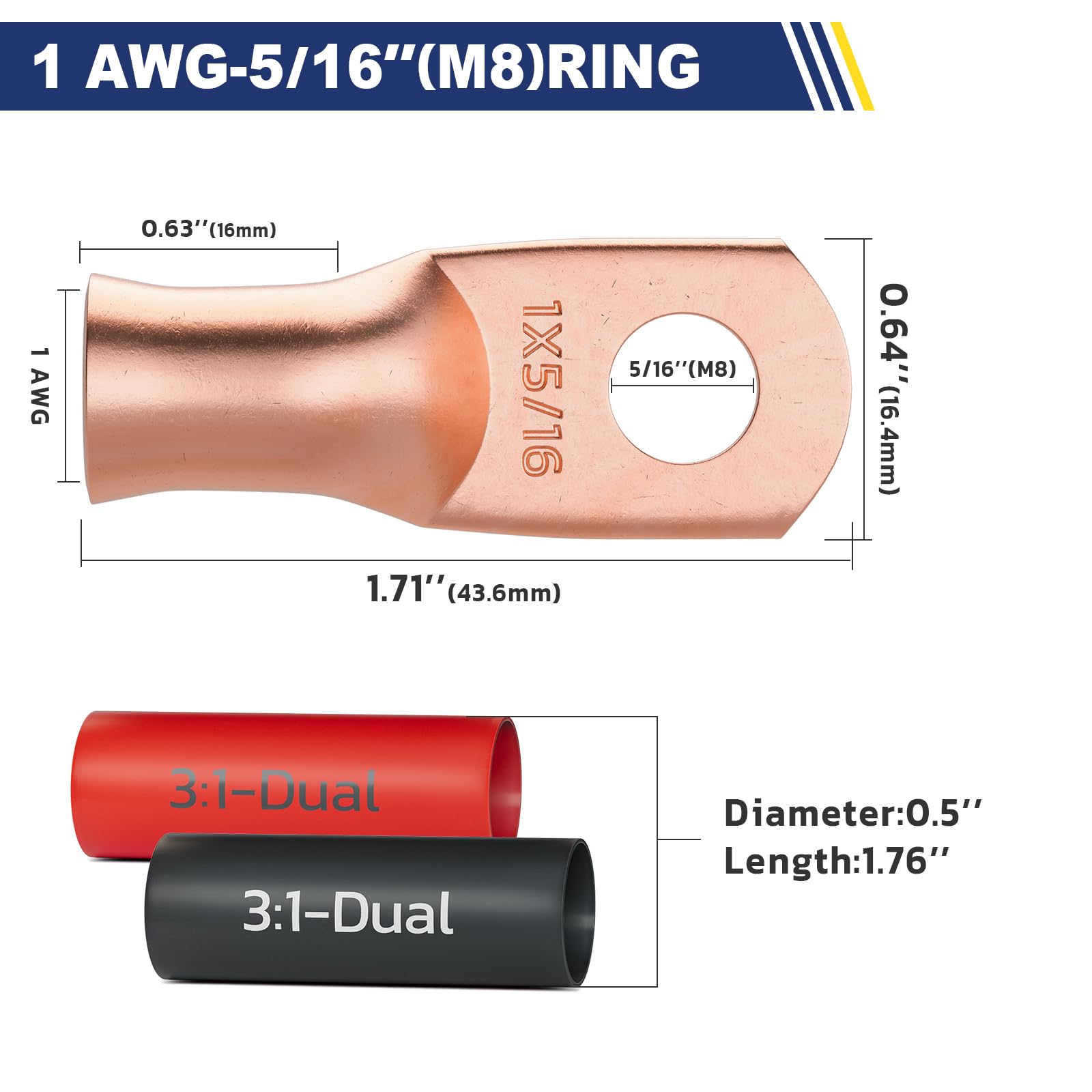 Haisstronica Copper Battery Cable Ends - 1AWG-5/16" M8 terminals, heat-shrink reinforced, UL-approved for reliable power links.