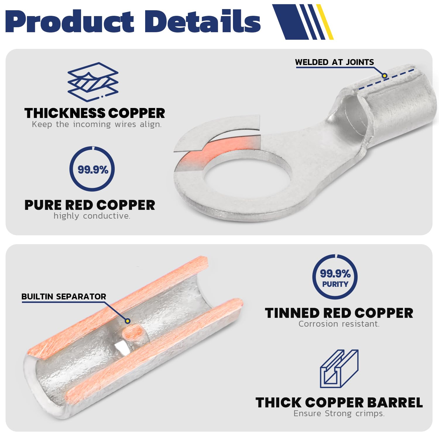 Haisstronica non-insulated butt splice with welded joints, thick copper barrel, and built-in separator for secure wire alignment.