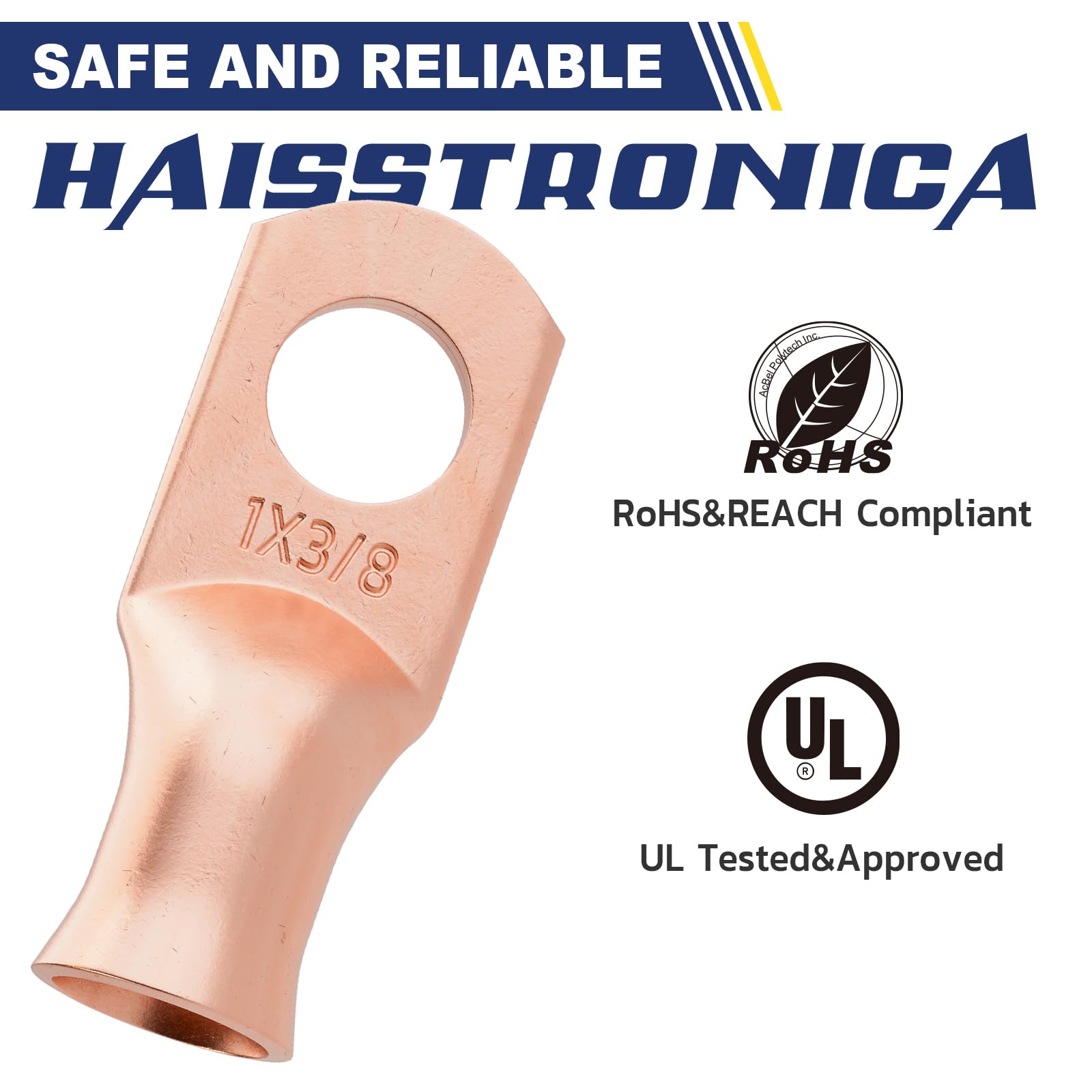 Haisstronica 1 AWG-3/8" M10 copper battery lead connectors, 20PCS, 3:1 tubing, ROHS/REACH/UL-approved.