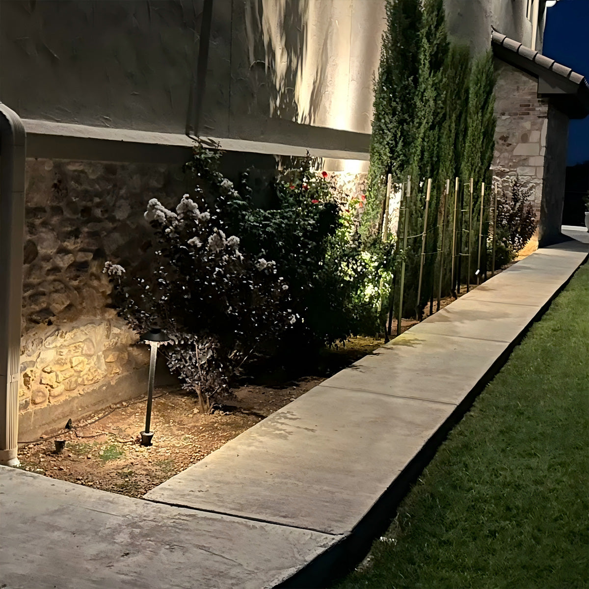 Low voltage landscaping wire powers garden lights along walkway, providing safe and efficient outdoor illumination system.