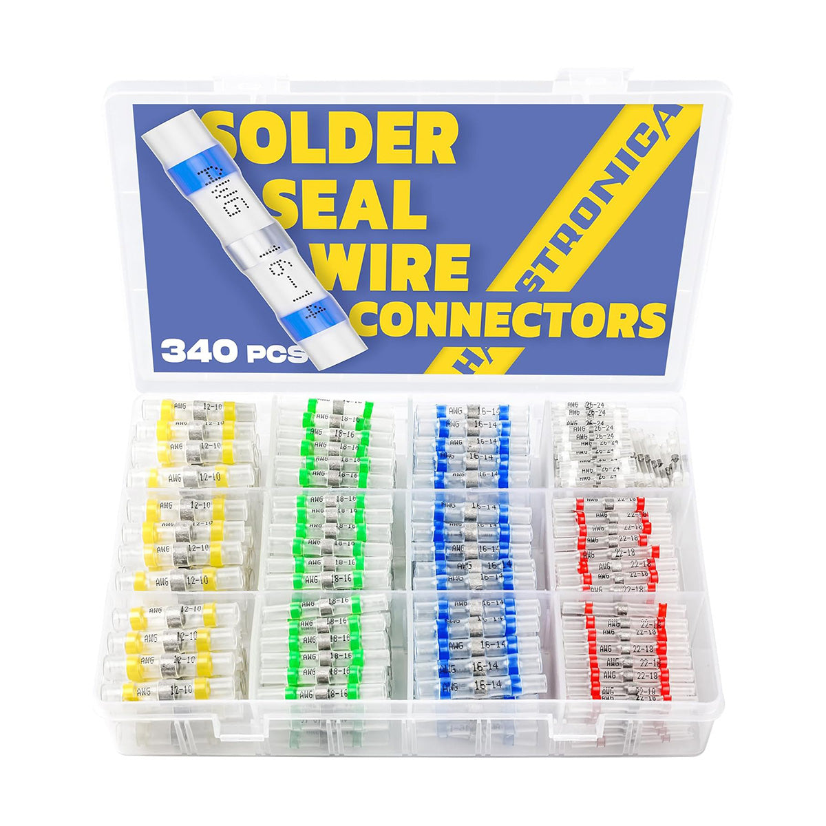 Wire solder connectors kit, 340pcs color‑coded heat‑shrink sleeves in case for automotive, marine, and wiring projects