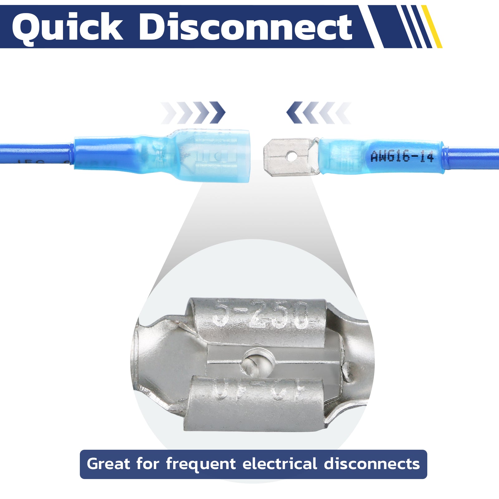 Haisstronica heat shrink crimp terminals, quick-disconnect design for AWG 16-14 frequent electrical use.