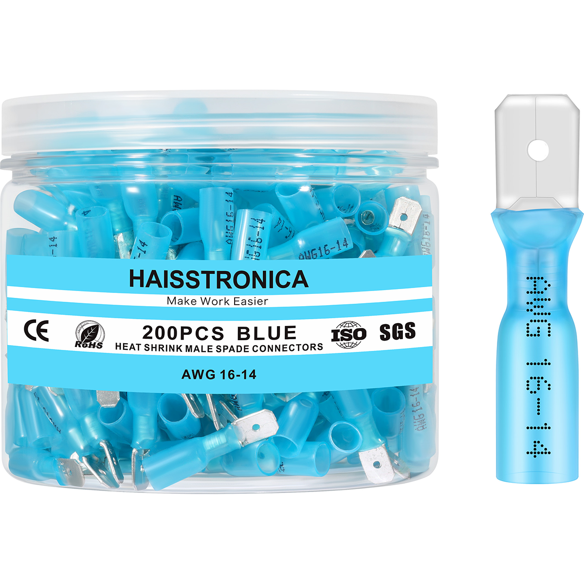 Haisstronica heat shrink crimp connectors, 200PCS blue male spades, ISO SGS, AWG 16-14.