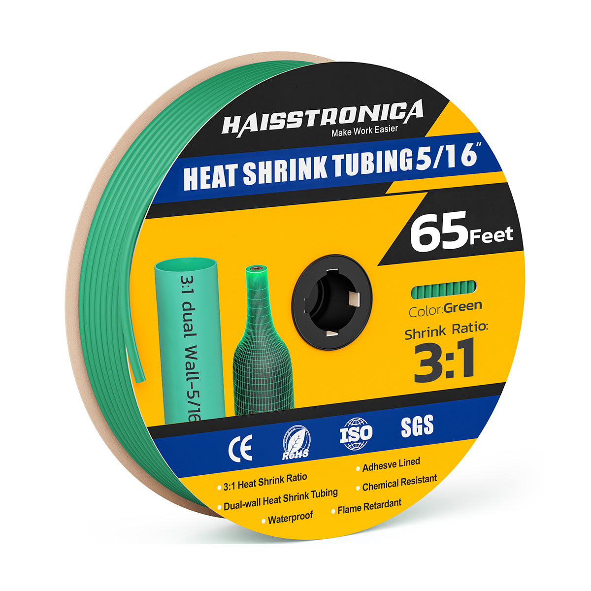Haisstronica heavy duty heat shrink tubing (5/16", green, 65ft) – ISO/SGS-certified, waterproof, and flame-retardant.